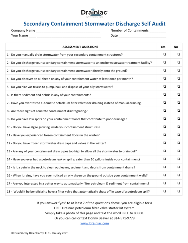 How to perform a secondary containment stormwater selfaudit. Drainiac Oil Filter Valves